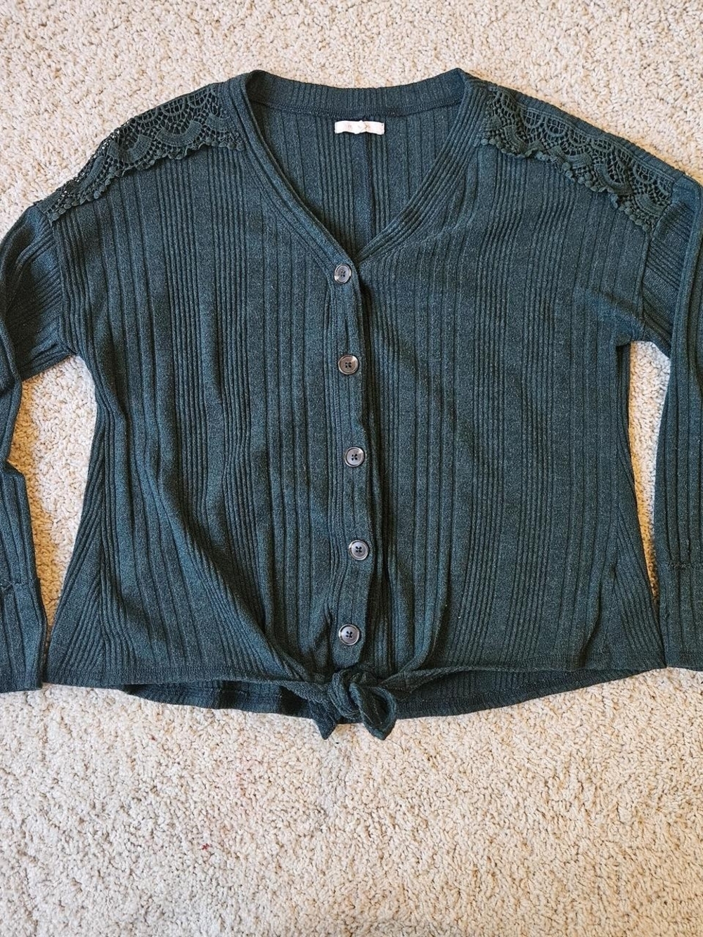 Maurices Dark Green Ribbed V-Neck Tie-Front Cardigan with Lace Detail